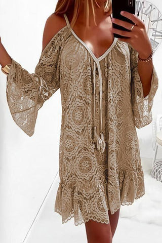 Lace Cold Shoulder Flares Sleeve Mini Dress - girlyrose.com