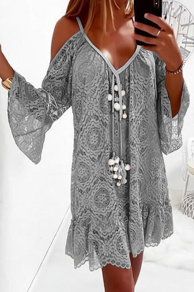 Lace Cold Shoulder Flares Sleeve Mini Dress - girlyrose.com