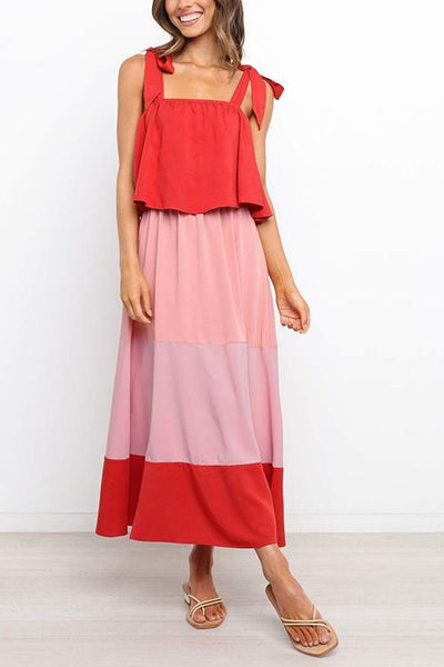 Color Block Bow Slip Maxi Dress - girlyrose.com