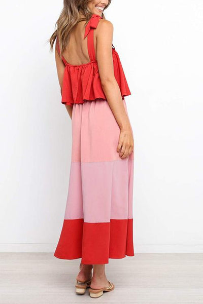 Color Block Bow Slip Maxi Dress - girlyrose.com