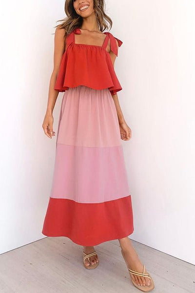 Color Block Bow Slip Maxi Dress - girlyrose.com