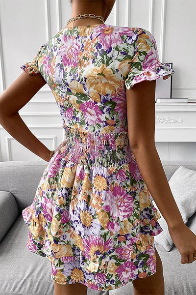 Floral Print Bow Tie Ruffles Mini Dress - girlyrose.com