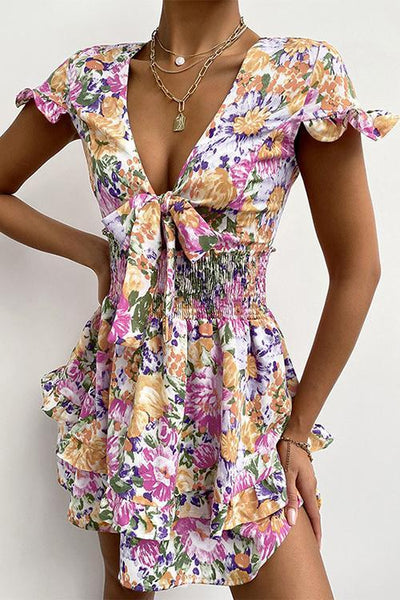 Floral Print Bow Tie Ruffles Mini Dress - girlyrose.com