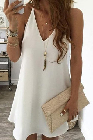 Solid V Neck Sleeveless Mini Dress - girlyrose.com