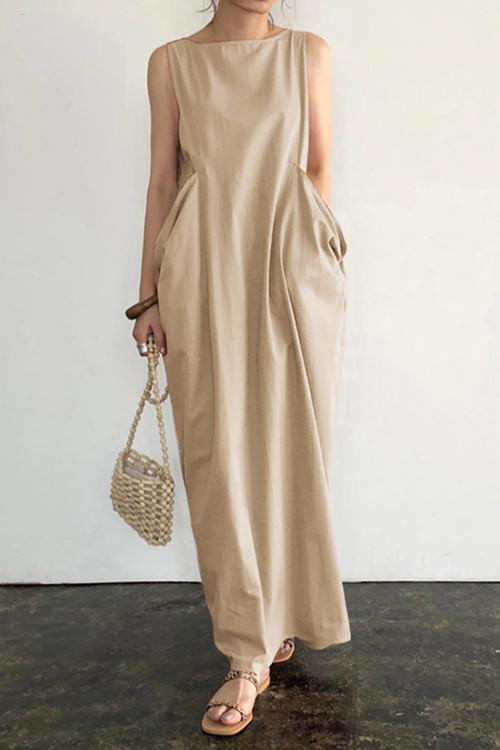 Linen Deep Pockets Sleeveless Maxi Dress - girlyrose.com