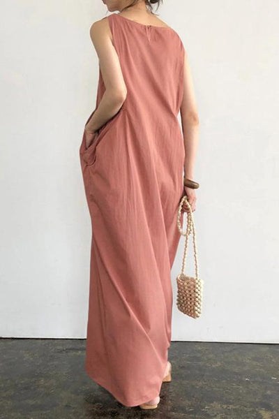 Linen Deep Pockets Sleeveless Maxi Dress - girlyrose.com