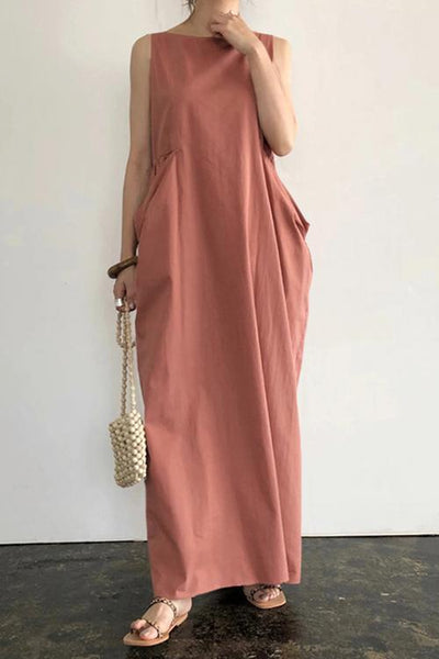 Linen Deep Pockets Sleeveless Maxi Dress - girlyrose.com