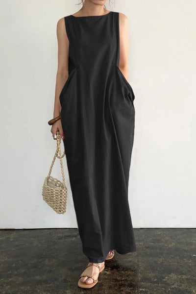Linen Deep Pockets Sleeveless Maxi Dress - girlyrose.com