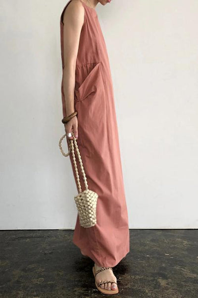 Linen Deep Pockets Sleeveless Maxi Dress - girlyrose.com