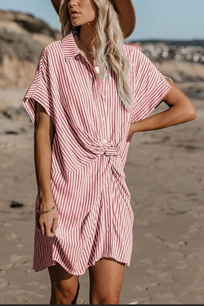 Knot Stripe Shirt Mini Dress - girlyrose.com