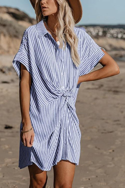 Knot Stripe Shirt Mini Dress - girlyrose.com