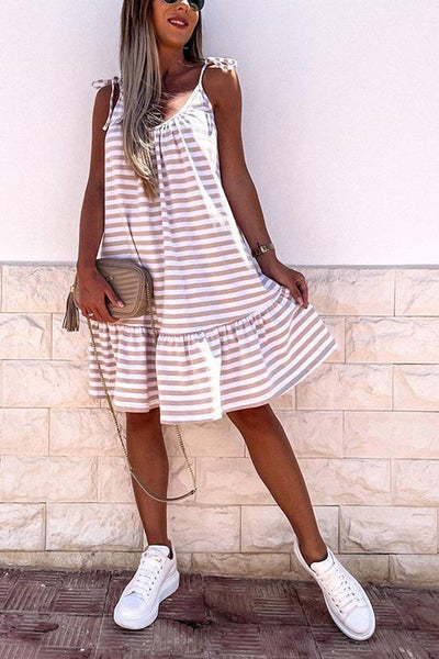 Stripe Ruffles Hem Backless Slip Dress - girlyrose.com