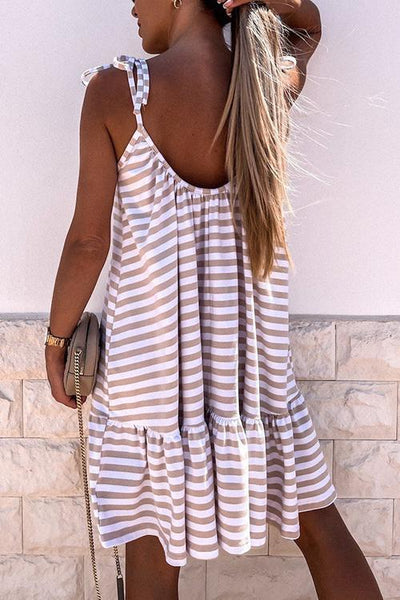 Stripe Ruffles Hem Backless Slip Dress - girlyrose.com