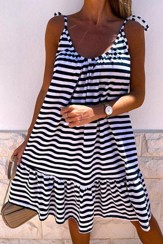 Stripe Ruffles Hem Backless Slip Dress - girlyrose.com