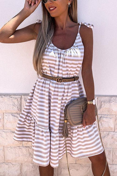 Stripe Ruffles Hem Backless Slip Dress - girlyrose.com