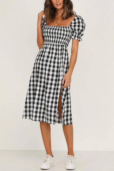 Plaid Square Neck Slit Dress - girlyrose.com