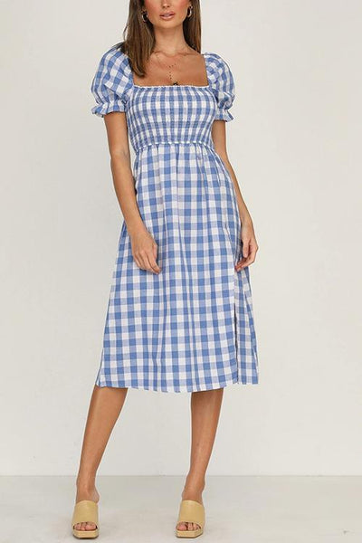 Plaid Square Neck Slit Dress - girlyrose.com