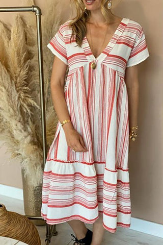 Stripe Print V Neck Dress - girlyrose.com