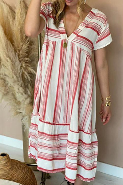 Stripe Print V Neck Dress - girlyrose.com