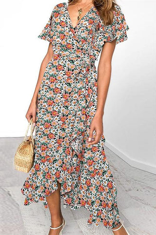 Floral Ruffles Print Wrap Maxi Dress