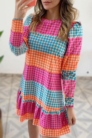 Houndstooth Ruffles Color Block Mini Dress - girlyrose.com