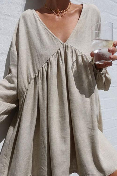 Oversized V Neck Puff Sleeve Dress - girlyrose.com