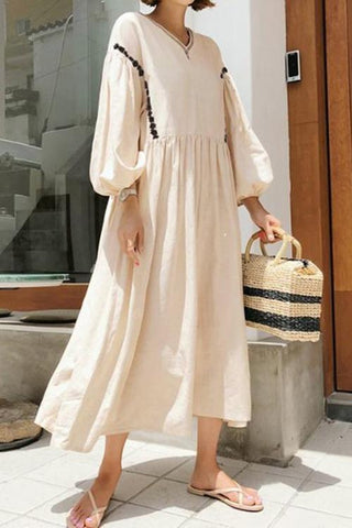 Casual Loose V neck Puff sleeve Maxi Dresses - girlyrose.com