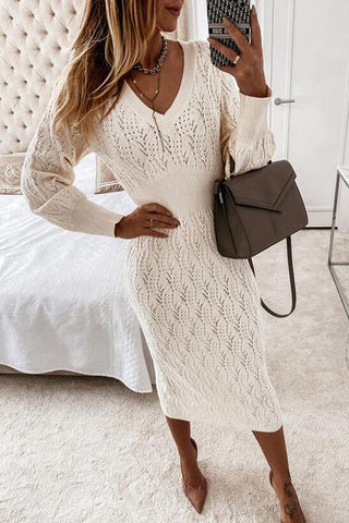 Hollow V Neck Puff Sleeve Sweater Dress - girlyrose.com