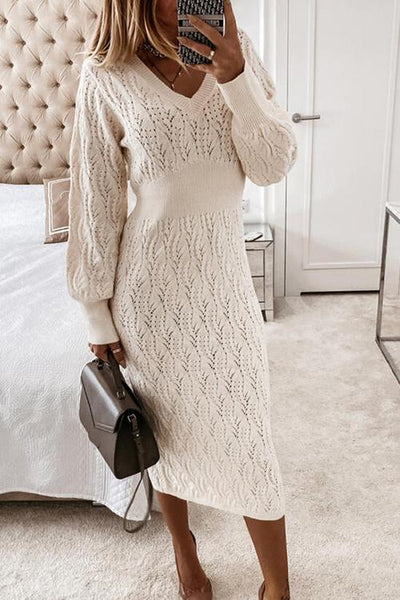 Hollow V Neck Puff Sleeve Sweater Dress - girlyrose.com