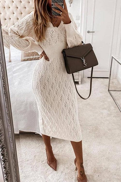 Hollow V Neck Puff Sleeve Sweater Dress - girlyrose.com