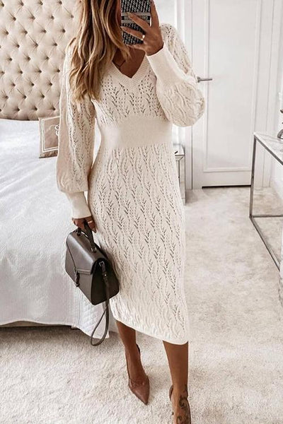 Hollow V Neck Puff Sleeve Sweater Dress - girlyrose.com
