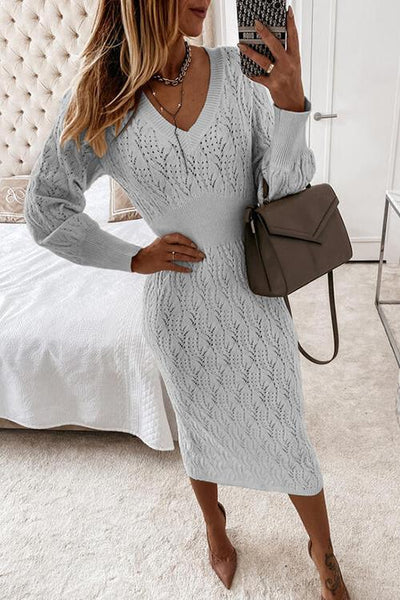 Hollow V Neck Puff Sleeve Sweater Dress - girlyrose.com