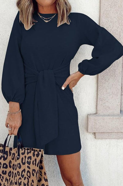 Knot Waist Long Sleeve Mini Dress