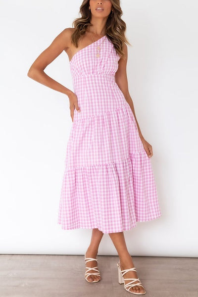 Plaid One Shoulder Layer Midi Dress