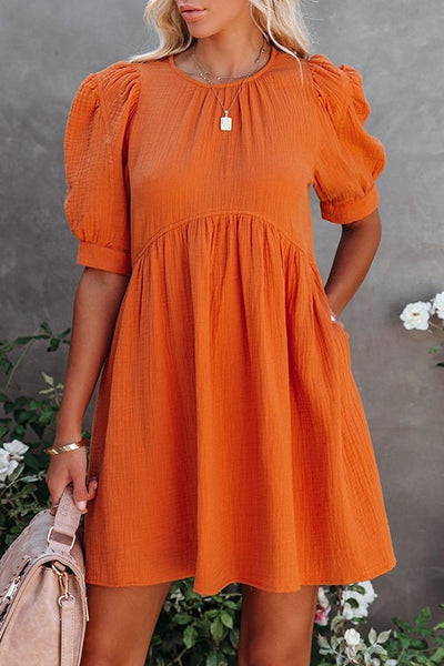 O Neck Puff Sleeve Swing Dress