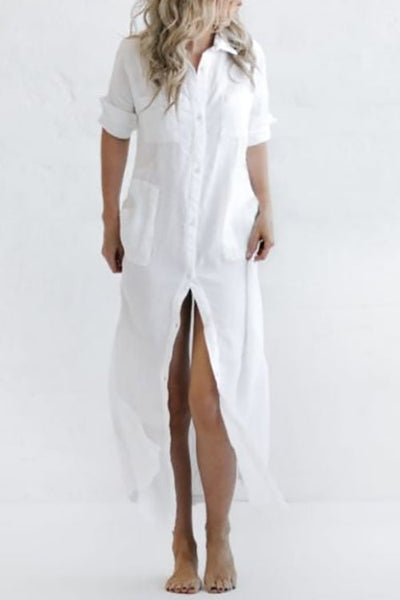 Linen Button Pockets Shirt Maxi Dress