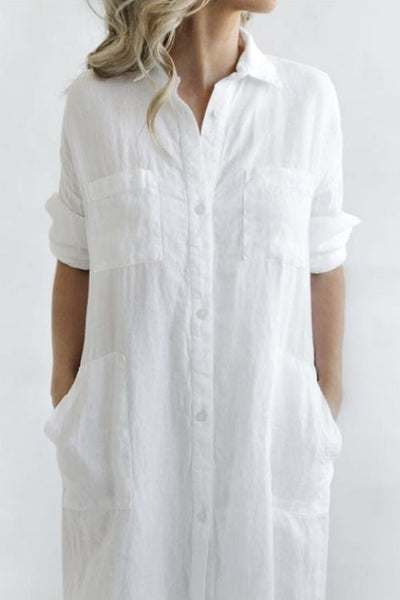 Linen Button Pockets Shirt Maxi Dress