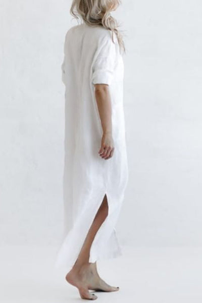 Linen Button Pockets Shirt Maxi Dress