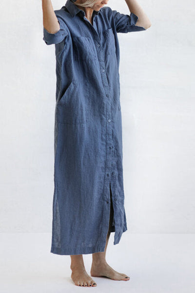 Linen Button Pockets Shirt Maxi Dress