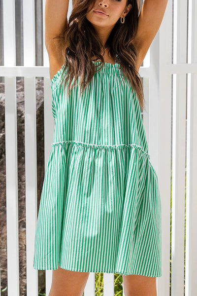Green Stripe Ruffles Sleeveless Mini Dress