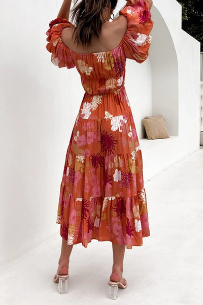 Floral Off Shoulder Shirring Maxi Dress