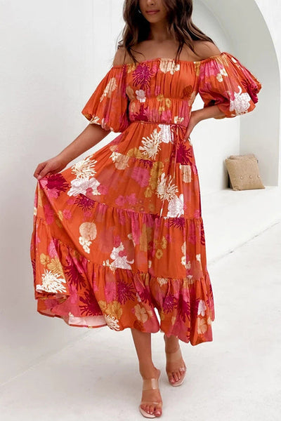 Floral Off Shoulder Shirring Maxi Dress