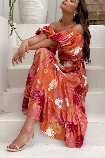 Floral Off Shoulder Shirring Maxi Dress