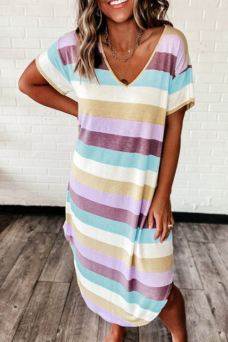 Multi Color Striped V Neck Dress
