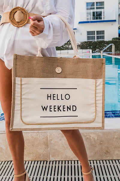 HELLO WEEKEND Jute Tote Bag