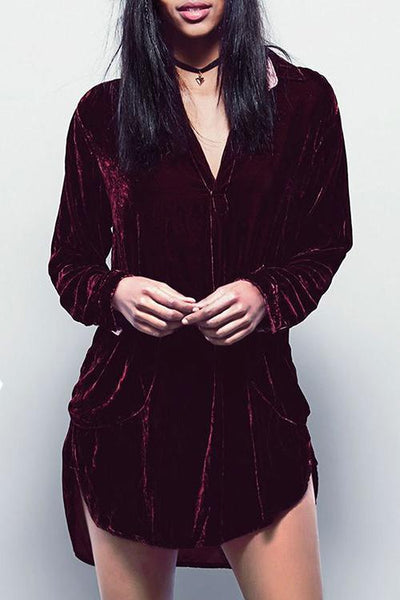 V Neck Pockets Velvet Shirt Dress - girlyrose.com