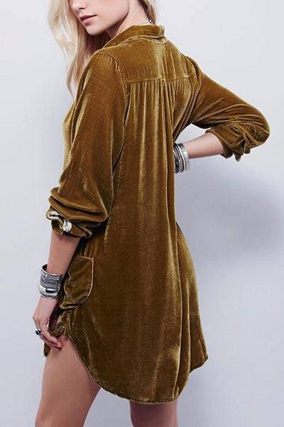 V Neck Pockets Velvet Shirt Dress - girlyrose.com