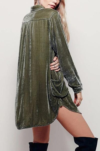 V Neck Pockets Velvet Shirt Dress - girlyrose.com