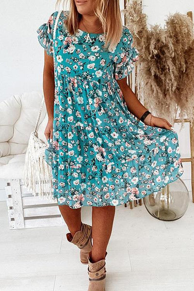 Floral Print Ruffles Midi Dress - girlyrose.com
