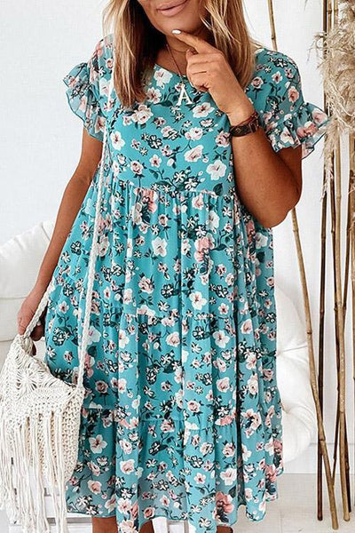 Floral Print Ruffles Midi Dress - girlyrose.com